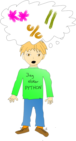 Tegning: en gutt i grønn genser med «Jeg elsker PYTHON» tenker på tegnene **, // og %.