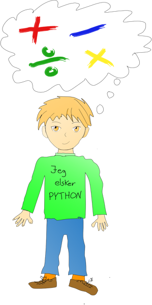 Tegning: en gutt i grønn genser med «Jeg elsker PYTHON» tenker på regnetegnene pluss, minus, gange og dele.