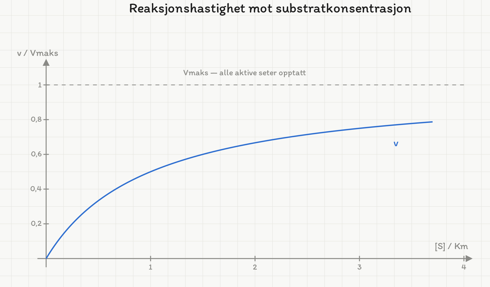 Kurve som stiger bratt fra origo og flater ut mot en stiplet vannrett linje merket Vmaks. X-aksen er substratkonsentrasjon i enheter av Km, y-aksen reaksjonshastighet i andel av Vmaks.