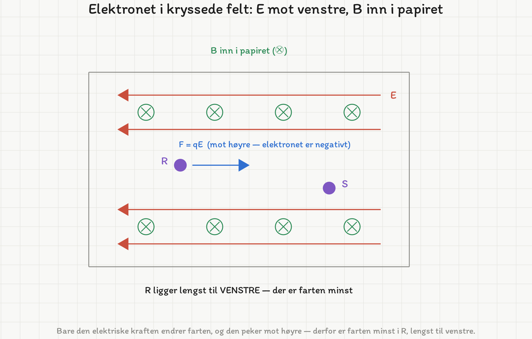 Et rektangulært område med fire røde piler som peker mot venstre (det elektriske feltet E) og åtte grønne kryss i sirkler (magnetfeltet inn i papiret). Punktet R ligger til venstre for midten, punktet S lenger til høyre og litt lavere. En blå pil fra R peker mot høyre og er merket F = qE.