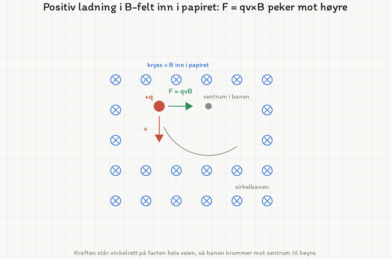 Et rutenett av kryss viser magnetfeltet inn i papiret. Den positive ladningen er markert med en rød prikk merket +q, farten v peker rett nedover og kraften F = qvB mot høyre. En grå bue viser sirkelbanen, og banesentrum er markert rett til høyre for partikkelen.