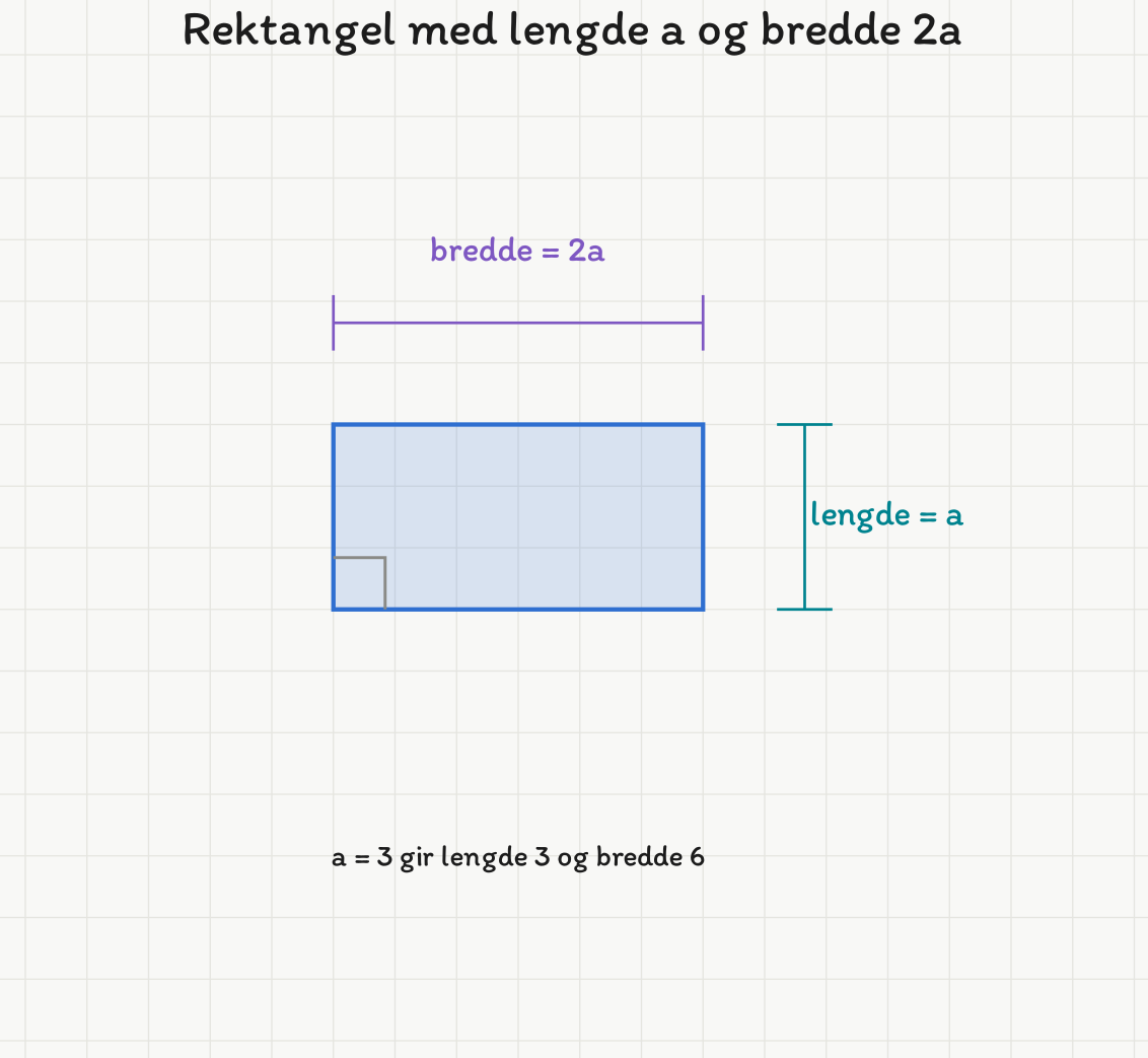 Rektangel der bredden er merket 2a og lengden a. Med a = 3 blir lengden 3 og bredden 6.