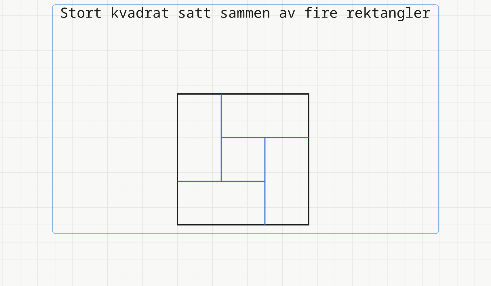 Stort kvadrat satt sammen av fire like rektangler lagt som en vindmølle, med et lite kvadrat igjen i midten.