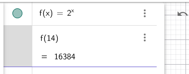 GeoGebra CAS: f(x) = 2^x, f(14) = 16384