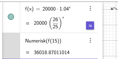 GeoGebra CAS: f(x) = 20000·1.04^x, f(15) ≈ 36019
