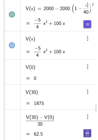 GeoGebra CAS: V(x) vanntankmodell, V(0)=0, V(30)=1875, stigningstall 62,5