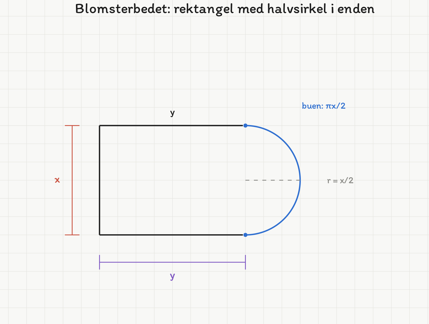 Omrisset av blomsterbedet: et rektangel med bredde x og lengde y, med en blå halvsirkelbue i høyre ende. Radien r = x/2 er markert med en stiplet linje, og buen er merket «buen: πx/2».