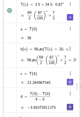 GeoGebra CAS: T(x) eksponentiell avkjøling