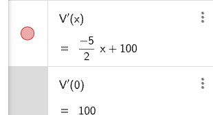GeoGebra CAS: V'(x) = −5/2 x + 100, V'(0) = 100