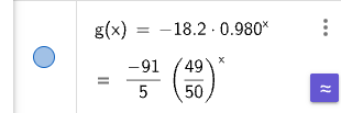 GeoGebra CAS: g(x) = −18.2 · 0.980^x (eksponentialregresjon)