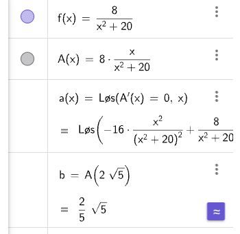 GeoGebra CAS: A(k) optimering