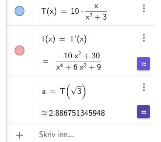 GeoGebra CAS: T(x), T'(x), T(√3) ≈ 2.89