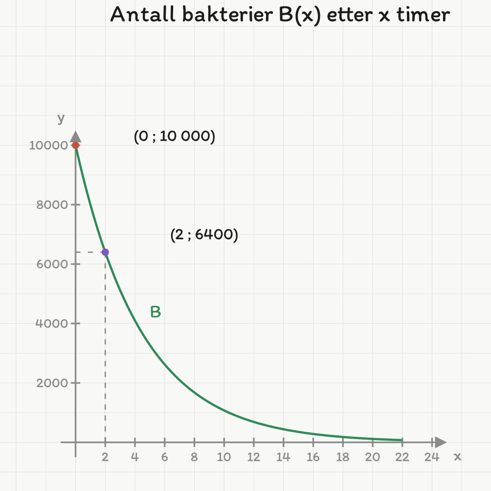 Den grønne grafen til B viser antall bakterier mot antall timer. Kurven starter i det røde punktet (0 ; 10 000), går gjennom det lilla punktet (2 ; 6400) og avtar eksponentielt mot x-aksen. Stiplede hjelpelinjer går fra (2 ; 6400) vannrett til y-aksen og loddrett ned til x-aksen.