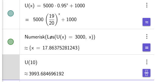 GeoGebra CAS: U(x)=5000·0.95^x+1000, NLøs gir x≈17.9, U(10)≈3994