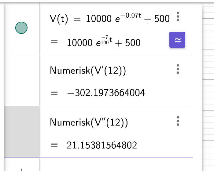 GeoGebra CAS: V(t) = 10000·e^(-0.07t) + 500, V'(12) ≈ -302, V''(12) ≈ 21.2