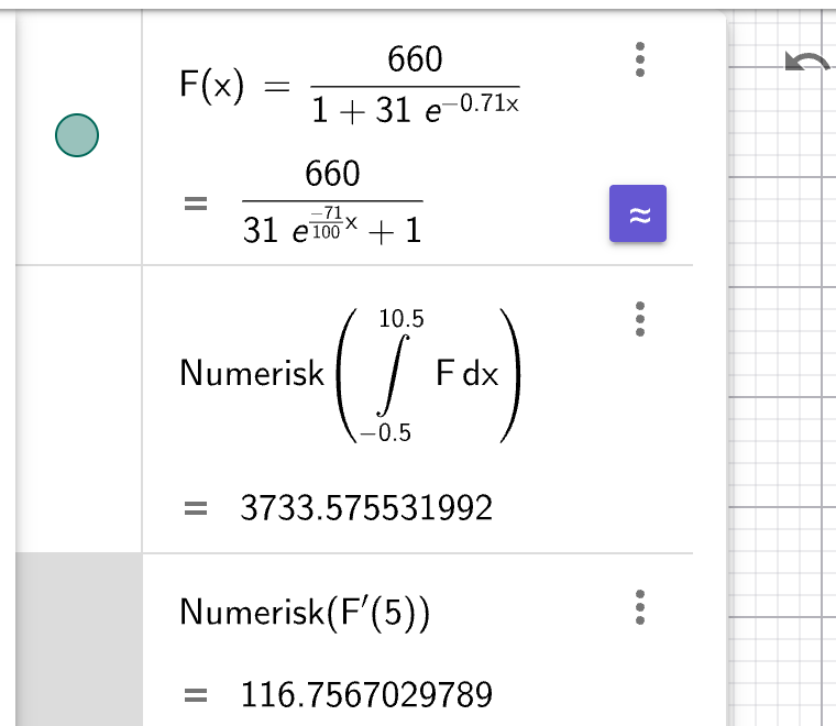 GeoGebra CAS: F(x) = 660/(1+31e^(-0.71x)), Integral ≈ 3734, F'(5) ≈ 117
