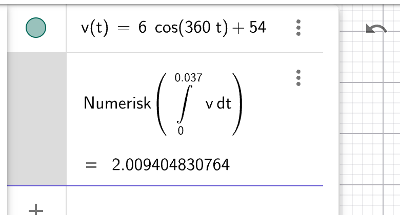 GeoGebra CAS: v(t) = 6cos(360t) + 54, Integral(v,0,0.037) ≈ 2.01