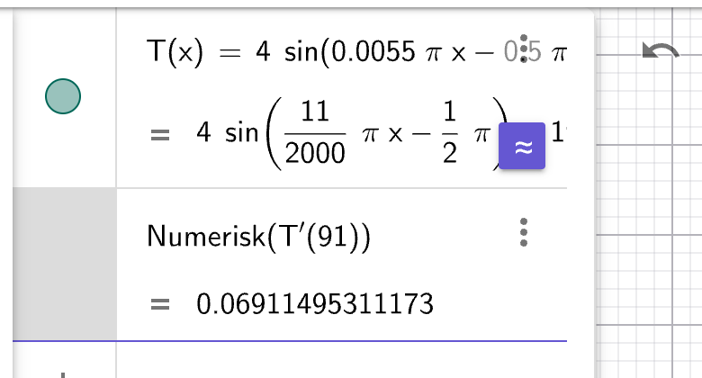 GeoGebra CAS: T(x) = 4sin(0.0055πx - 0.5π) + 19, T'(91) ≈ 0.069