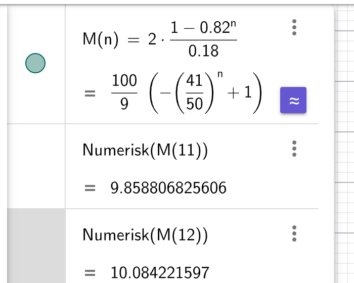 GeoGebra CAS: M(n) = 2(1-0.82^n)/0.18, M(11) ≈ 9.86, M(12) ≈ 10.08