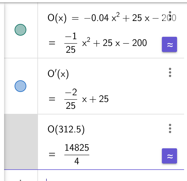 GeoGebra CAS: O(x) = -0.04x² + 25x - 200, O'(x), O(312.5) = 14825/4