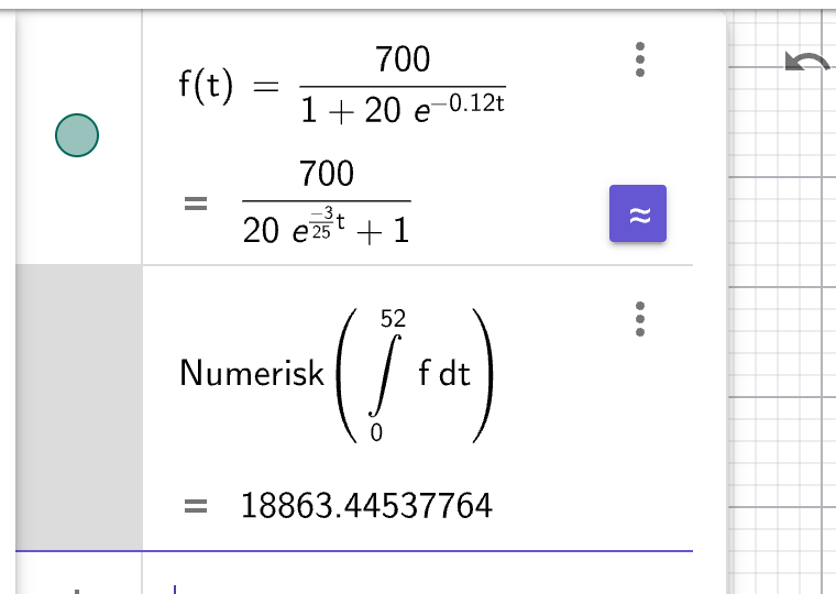 GeoGebra CAS: f(t) = 700/(1+20e^(-0.12t)), Integral(f,0,52) ≈ 18863